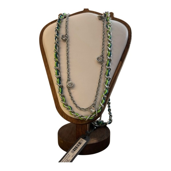 NWT Ann Taylor Necklace Layered Crystal Stations Green Blue Braided Chain 34" - Picture 6 of 7